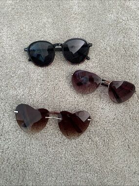 Triple Sunglasses Set - Black Round, Silver Aviator, Brown Heart Lenses
